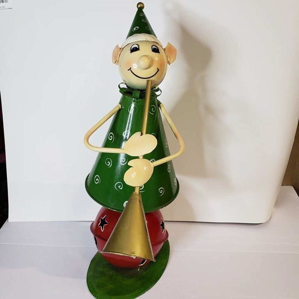 Large Whimsical Christmas Metal Green Elf Bell Figure 19" Holiday Unusual RARE